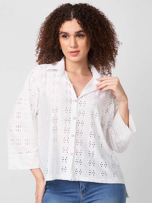 women cuban collared schiffli shirt - 21840182 - Very Small Image - 1