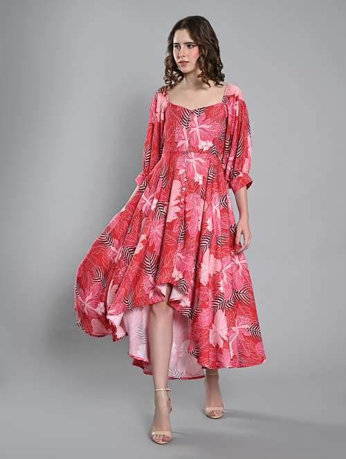 women printed puff sleeves high low dress - 21840325 - Very Small Image - 1