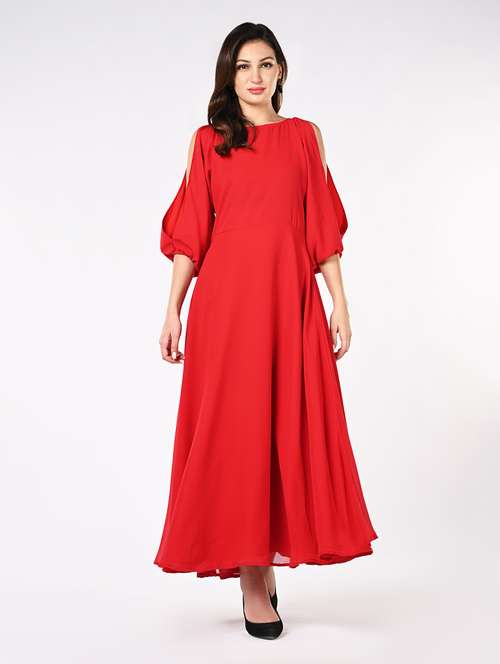 women solid slit sleeves fit & flare dress - 21840340 - Very Small Image - 1