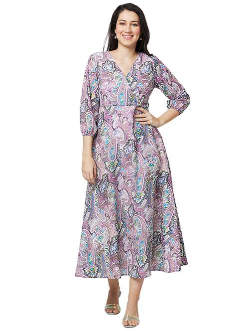 women printed puff sleeves fit & flare dress - 21840389 - Very Small Image - 1