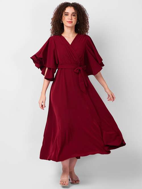 women solid flared sleeves fit & flare dress - 21840405 - Very Small Image - 1