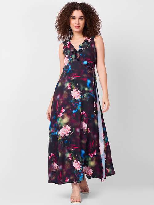 women printed overlap neck sleeveless wrap dress - 21840411 - Very Small Image - 1