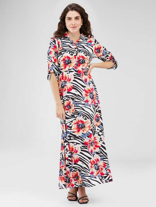 women floral print roll-up sleeves a-line dress - 21840417 - Very Small Image - 1