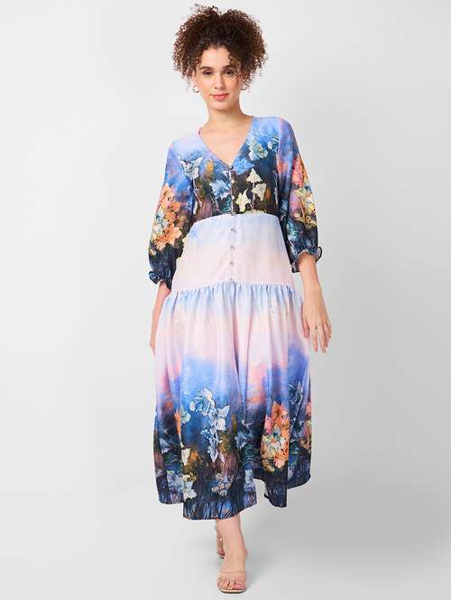 women printed puff sleeves tiered dress - 21840421 - Very Small Image - 1