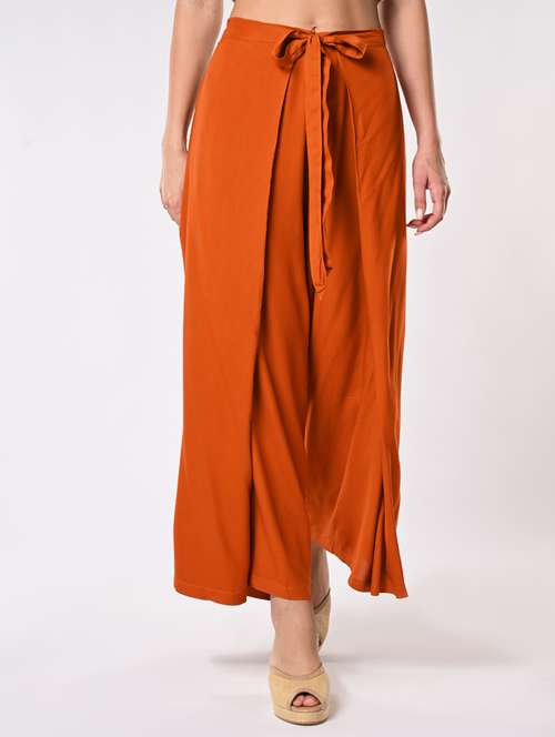 women solid high rise wrap palazzo - 21840458 - Very Small Image - 1