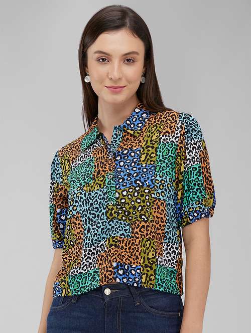 women animal printed collaredpuff sleeves top - 21840674 - Very Small Image - 1