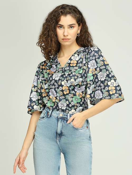 women floral print flared sleeves wrap crop top - 21840758 - Very Small Image - 1