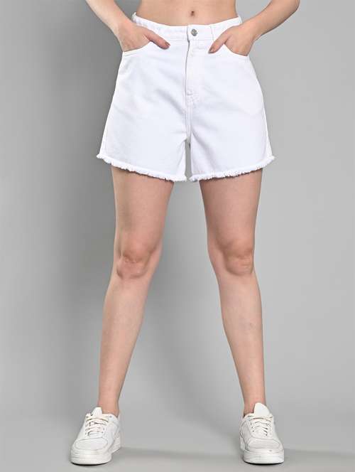 women solid mid rise denim short - 21840812 - Very Small Image - 1