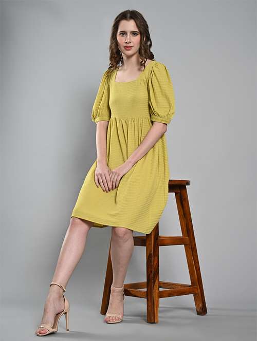 women solid puff sleeves fit & flare dress - 21840920 - Very Small Image - 1