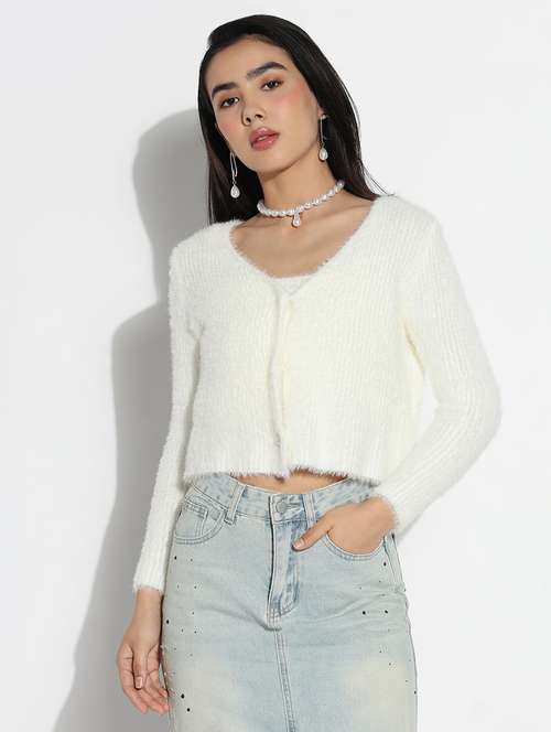 women solid long sleeves crop cardigan - 21842987 - Very Small Image - 1