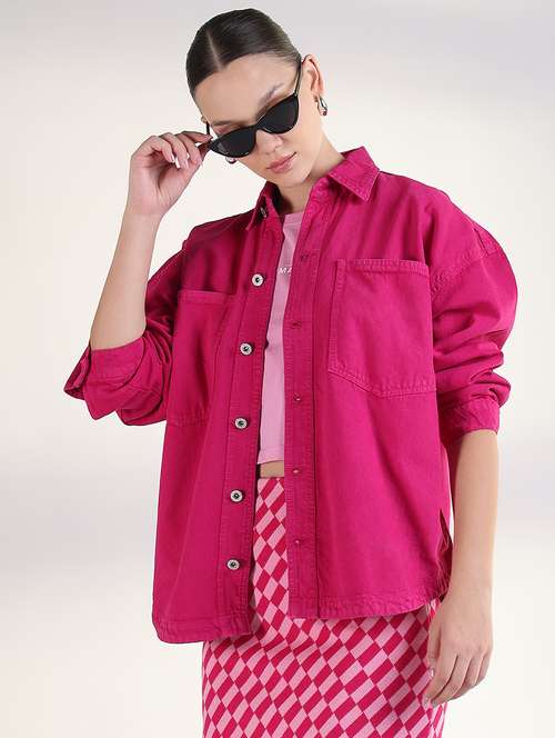 women solid collared oversized denim jacket - 21843513 - Very Small Image - 1