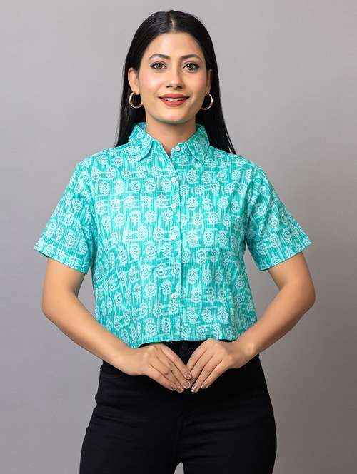 women printed collared crop shirt - 21874777 - Very Small Image - 1