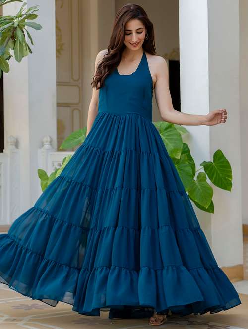 women teal solid halter neck tiered maxi dress - 21899004 - Very Small Image - 1