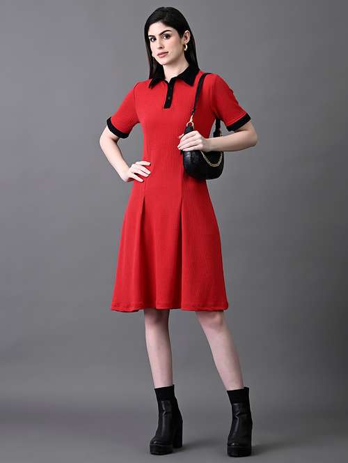 women solid short sleeves collared a-line dress - 21899162 - Very Small Image - 1