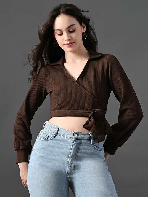women solid long sleeves mock wrap top - 21899171 - Very Small Image - 1