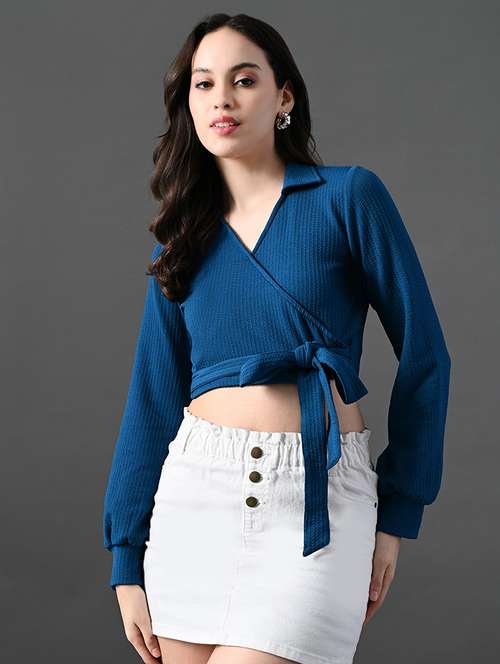 women solid long sleeves mock wrap top - 21899175 - Very Small Image - 1