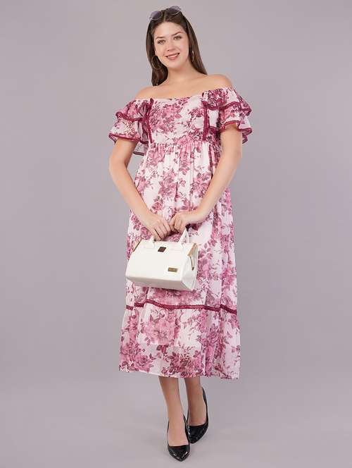 women floral print off shoulder tiered dress - 21905226 - Very Small Image - 1