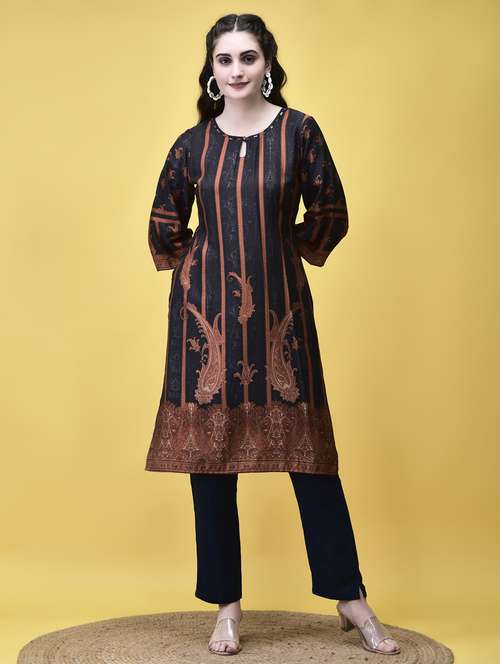 women navy blue printed key hole a-line kurta - 21913553 - Very Small Image - 1
