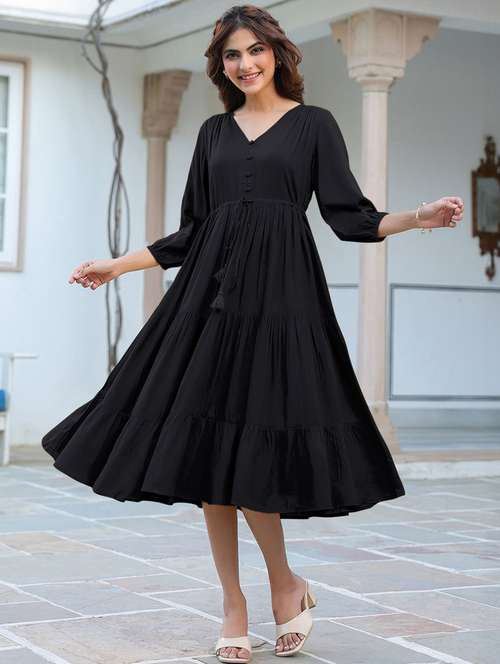 women solid puff sleeves tiered dress  - 21913586 - Very Small Image - 1