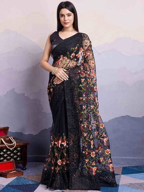 women black embroidered saree with blouse - 21916216 - Very Small Image - 1