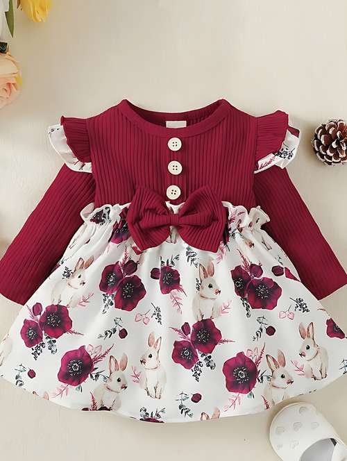 girls floral printed round neck frock - 21916298 - Very Small Image - 1