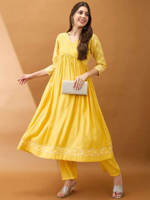 women yellow mirror work v-neck gotta lace pleated flared hem a-line kurta with pant set - 21918776 - Very Small Image - 1