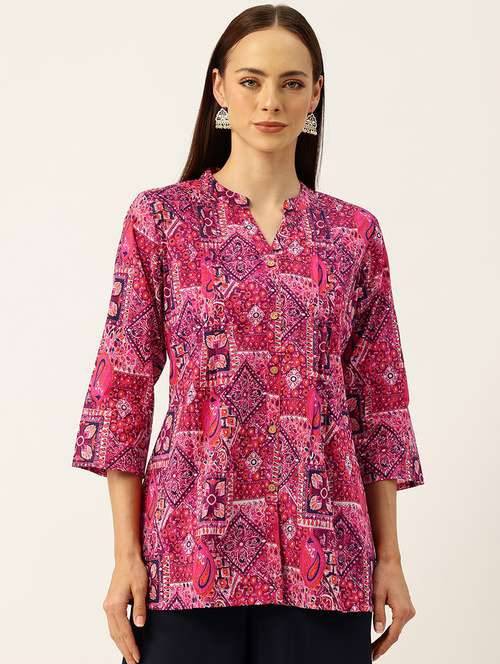 women printed mandarin neck short kurti - 21930272 - Very Small Image - 1