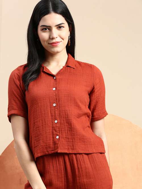 women solid cuban collared crop shirt - 21931248 - Very Small Image - 1