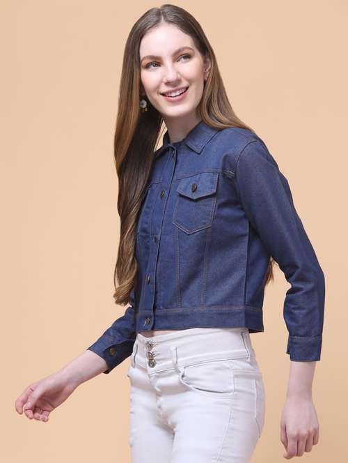 women solid long sleeves crop denim jacket - 21932774 - Very Small Image - 1