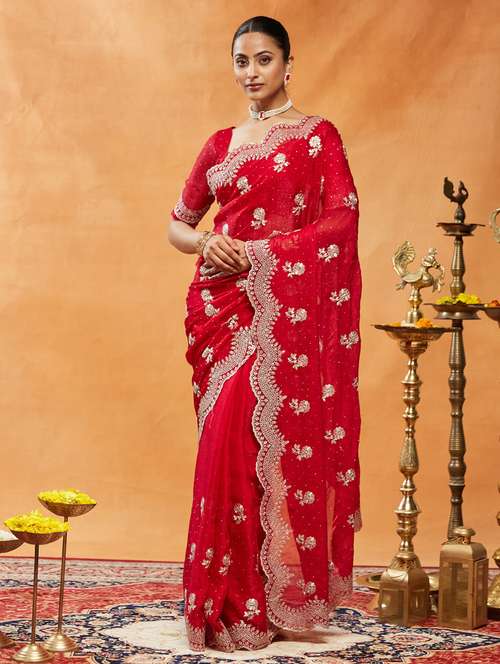 women solid with work embroidered saree with blouse - 21939156 - Very Small Image - 1