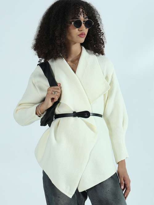 Women Cream Solid Long Sleeve Wrap Cardigan - 21941937 - Very Small Image - 1