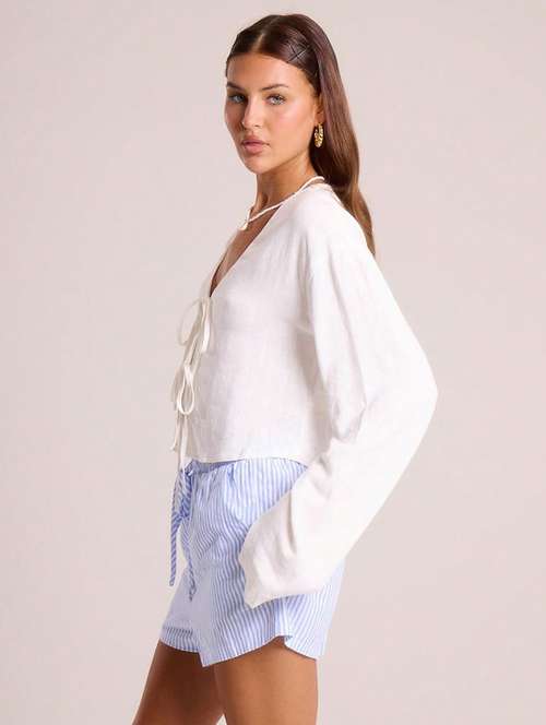 women white solidbell sleeve frongt tie crop top - 21944602 - Very Small Image - 1