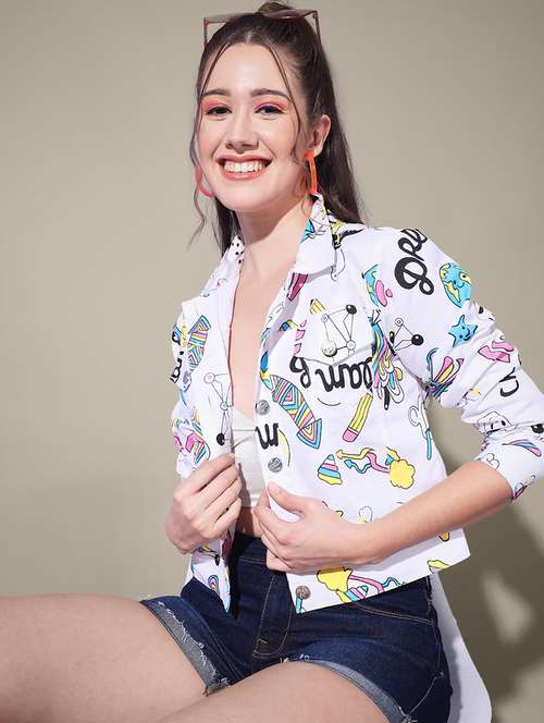 women printed collared denim summer jacket - 21947447 - Very Small Image - 1