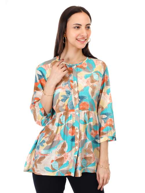 women printed three quarter sleeve flared top - 21947833 - Very Small Image - 1