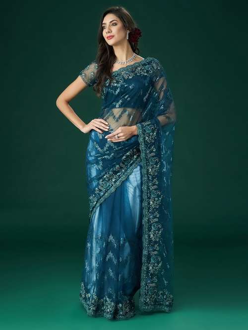 women solid with work embroidered saree with blouse - 21949599 - Very Small Image - 1