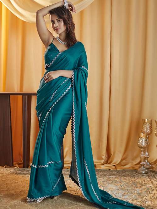 women solid with work embellished saree with blouse - 21949615 - Very Small Image - 1