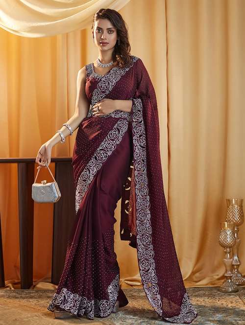 women solid with work embellished saree with blouse - 21949624 - Very Small Image - 1