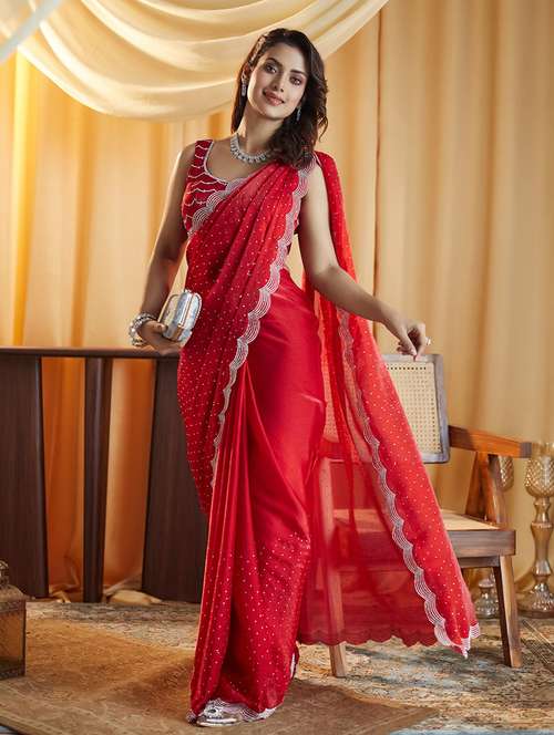 women solid with work embellished saree with blouse - 21949678 - Very Small Image - 1