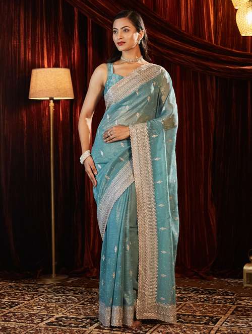 women solid with work embroidered saree with blouse - 21949720 - Very Small Image - 1