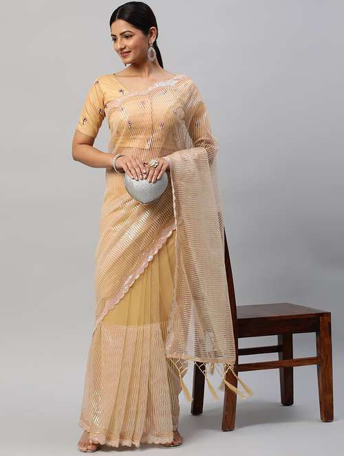 women solid with work embellished saree with blouse - 21949752 - Very Small Image - 1