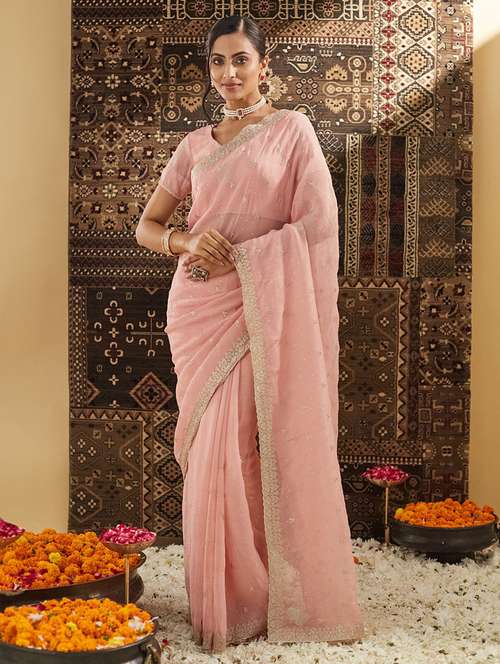 women solid with work embroidered saree with blouse - 21949753 - Very Small Image - 1