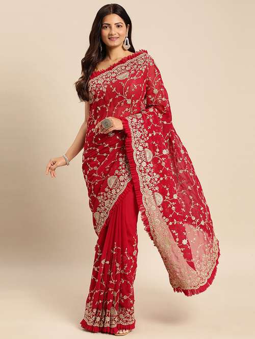 women solid with work embroidered saree with blouse - 21949762 - Very Small Image - 1