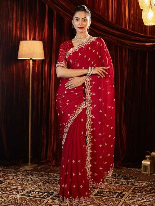 women solid with work embroidered saree with blouse - 21949804 - Very Small Image - 1