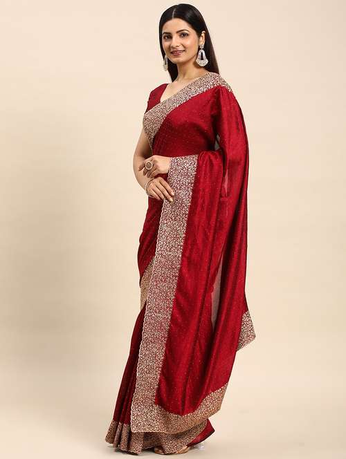 women solid with bordered saree with blouse - 21949827 - Very Small Image - 1