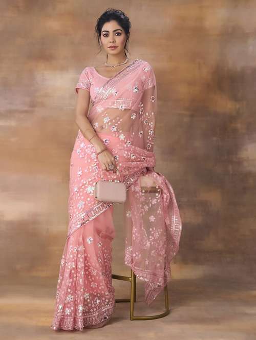 women solid with work embellished saree with blouse - 21949835 - Very Small Image - 1