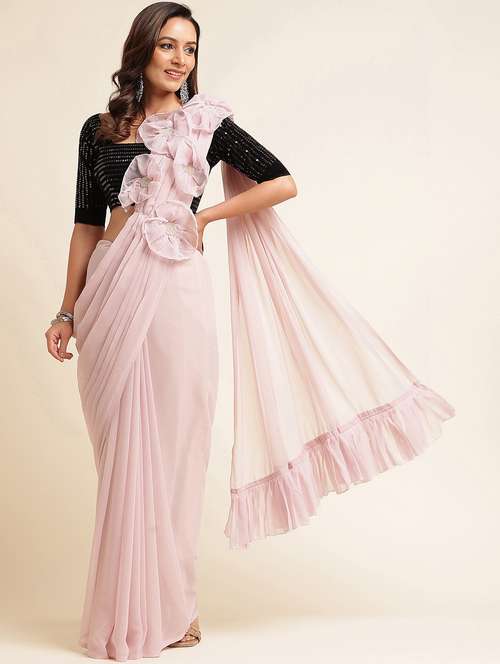 women pink solid ruffle saree with blouse - 21949855 - Very Small Image - 1