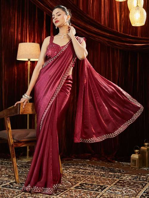 women solid with bordered saree with blouse - 21949869 - Very Small Image - 1
