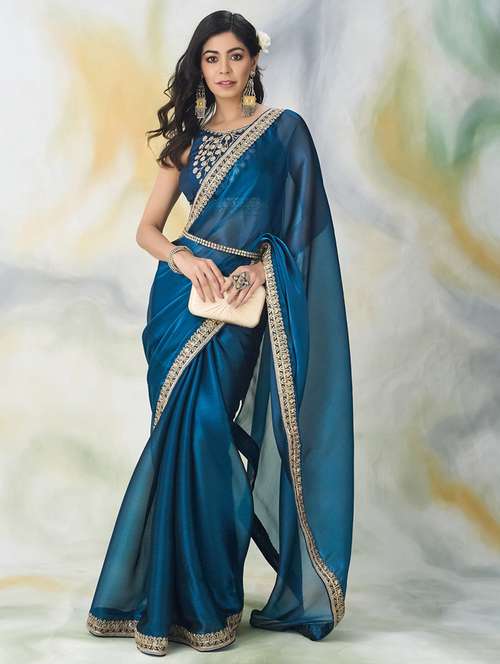 women solid with work embroidered saree with blouse - 21949874 - Very Small Image - 1