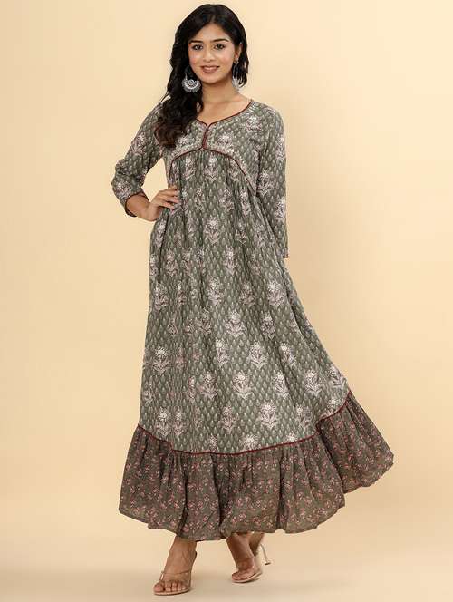 women three quarter sleeve tiered ethnic dress - 21954468 - Very Small Image - 1