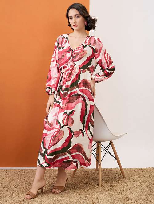 globus women multi colour v-neck bishop sleeves abstract print tie-up detail gathered a-line midi dress - 21955862 - Very Small Image - 1